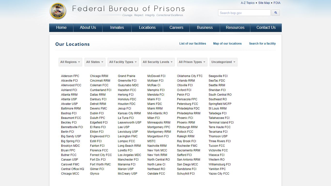 List of BOP Locations - Federal Bureau of Prisons