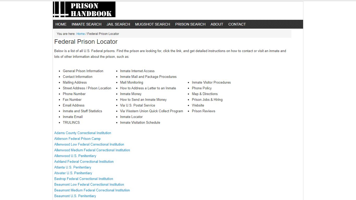 Federal Prison Locator | Prison Handbook